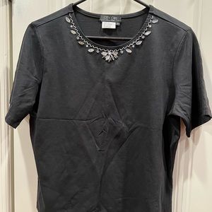City Girl Nancy Bolen Black Embellished Neckline Short Sleeve Top Sz Sma…